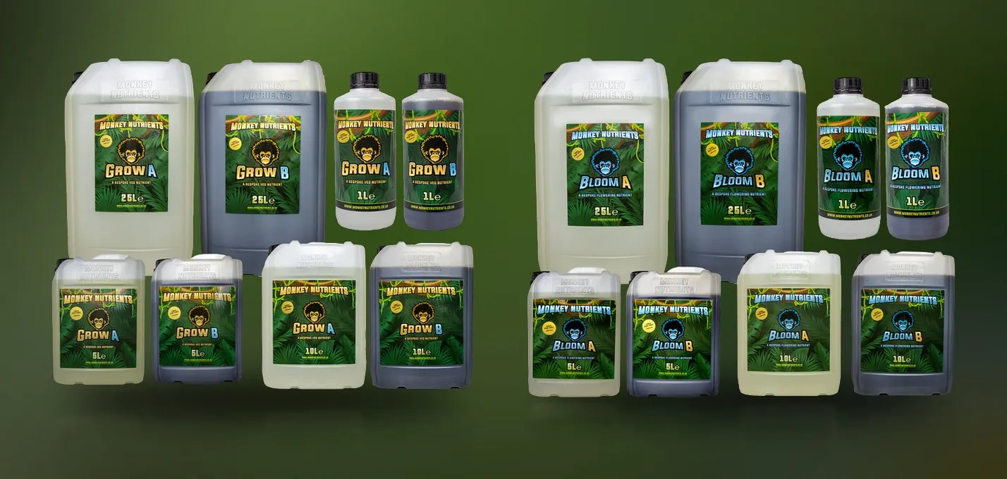 Monkey Nutrients Grow A, Grow B, Bloom A and Bloom B, in bottles and containers from 1 to 10 litres