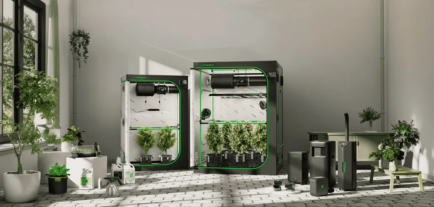 A room set up with two Vivosun grow tents alongside propagators, nutrients, fans, filters and hand tools from the same range